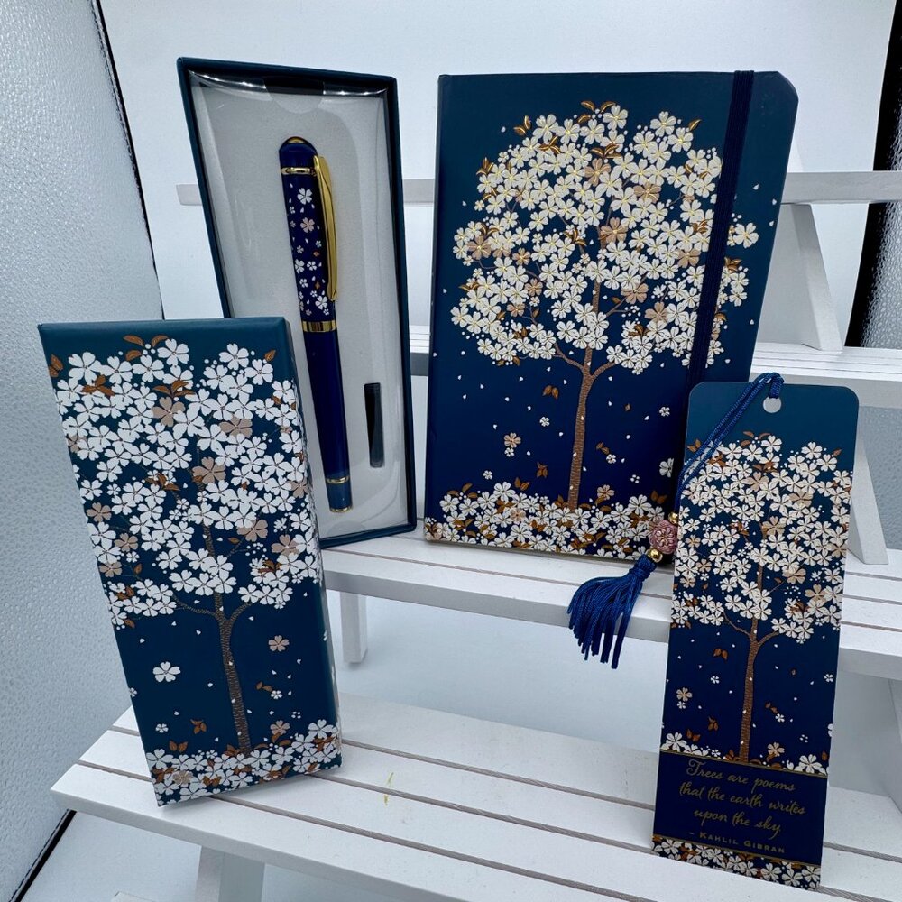 Navy Falling Blossoms Journal, Bookmark and Pen Set - Picture 2 of 3